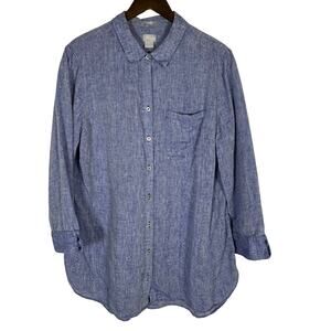 Chico's Blue 3/4 Sleeve Linen Button Up Tunic Sz 3 US XL Beachy Coastal Office